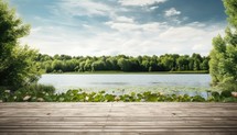 Wooden deck with lake and trees in the background. Panorama