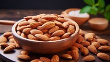 Almond nuts in wooden bowl on wooden background. Healthy food.
