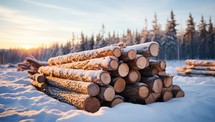 Pile of pine logs in winter forest at sunset. Beautiful winter landscape.