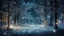 Winter forest at night with trees and snowflakes