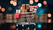 Shopping cart with boxes on bokeh background, online shopping concept