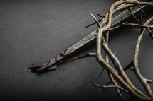 A crown of thorns and a nail with blood on it.