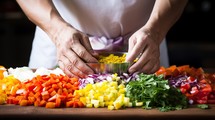 young man preparing vegetable salad in the kitchen