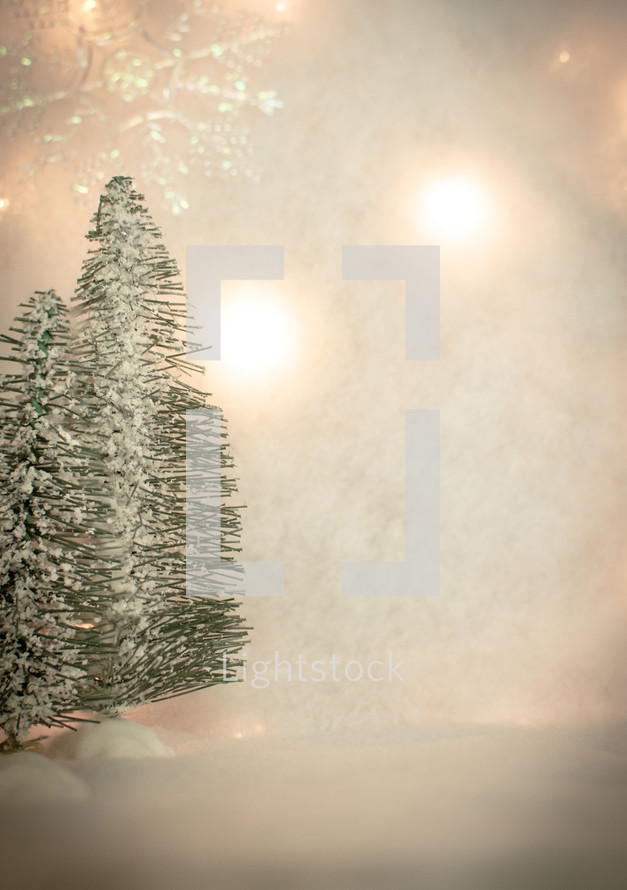 Snowflake and tree on fake snow backdrop