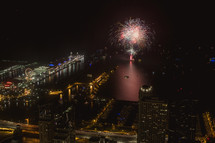 fireworks over the water in a city 