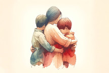 Happy family, mother and children hugging, watercolor digital painting.