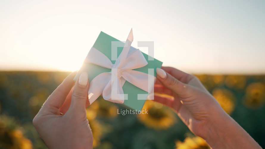 Woman holding blue gift box with bow on sunflowers field background with sun flares. Present, bonus, offer concept. Only hands.