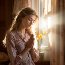 A young woman with long blonde hair, hands folded, prays in her bright room, illuminated by sunlight