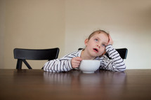 a child sitting at a table with a bowl 