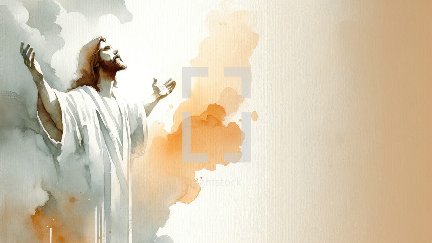 Jesus Christ in worship in front of a watercolor background with copy space.