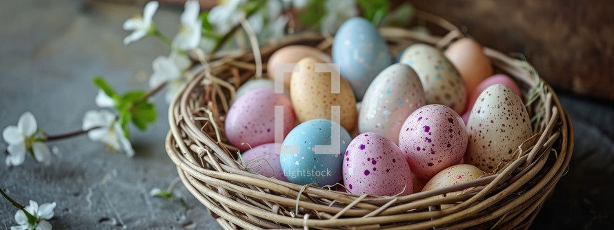 Easter eggs in a basket with spring flowers