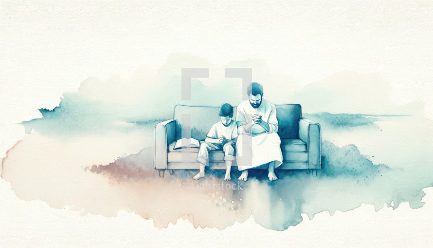 Father and son praying together, watercolor illustration