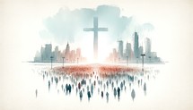 Cross in the city with silhouettes of people. Religious concept. Digital watercolor painting.