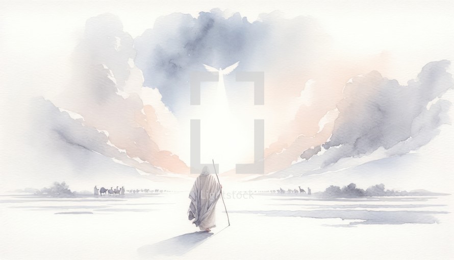 The Call of Abraham. Old Testament. Watercolor Biblical Illustration