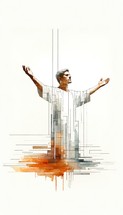 Digital composite illustration of a man in worship against white background.