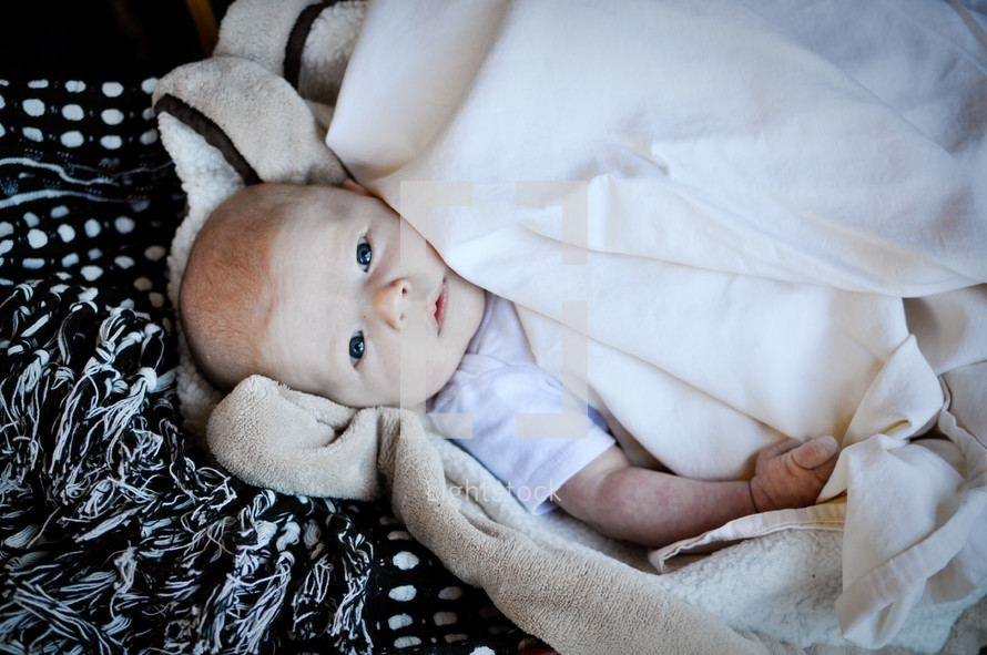 infant swaddled in blankets 