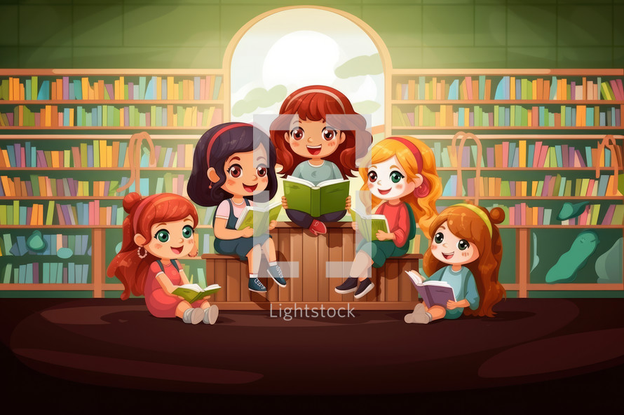 Illustration of a group of kids reading books in the library. Cartoon style. Bible study.