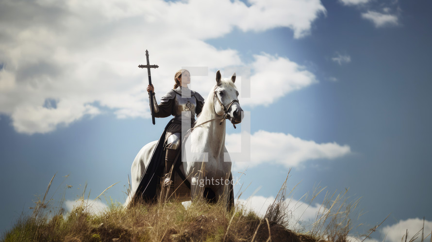 Joan of Arc, God's Warrior. Young woman in armor riding on horse and holding a Cross