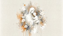 Mother Mary with baby Jesus in her arms, surrounded by flowers decorations on neutral background. Digital watercolor painting.

