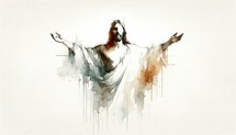 Jesus Christ with hands raised in the air, watercolor illustration.