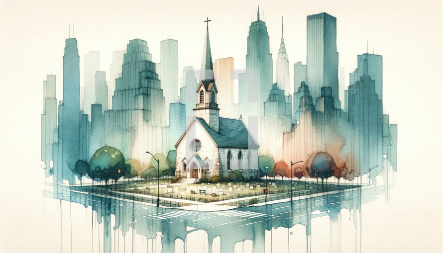 Watercolor painting of a little church in New York, cityscape skyline