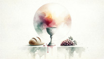 Eucharist. Corpus Christi. Sacred chalice with wine, grapes and bread on white background. Digital watercolor painting.

