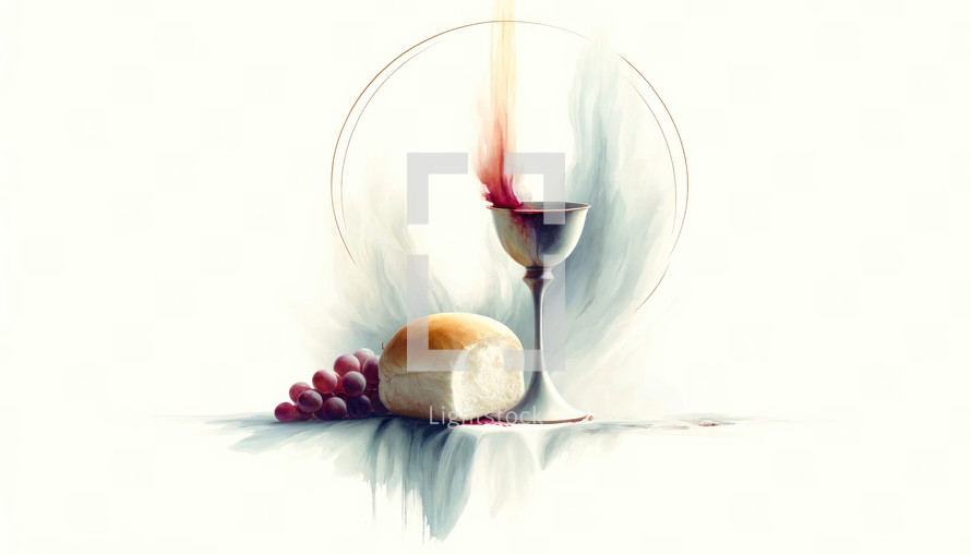 Eucharist. Corpus Christi. Chalice of wine with bread and grapes on a white background. Digital watercolor painting.

