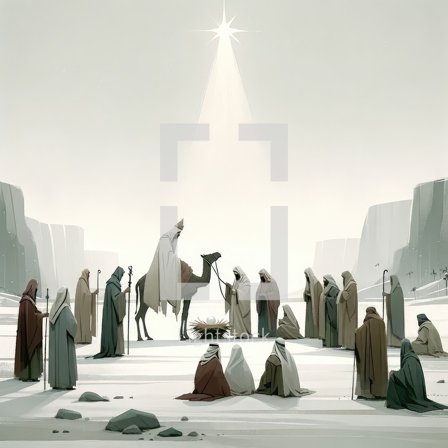 Nativity scene with three wise men in the desert