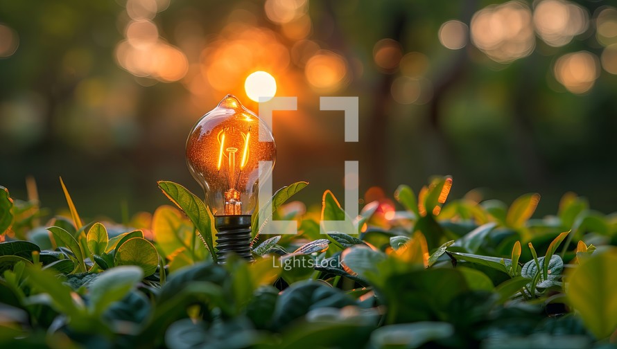 Incandescent light bulb in the garden at sunset