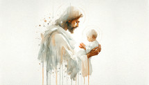 Digital painting of Jesus Christ with baby in the hands, watercolor illustration.