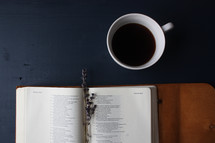 lavender between the pages of a Bible and a coffee cup 