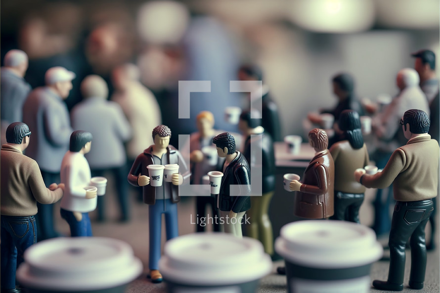 Small figurines holding coffee next to coffee cups