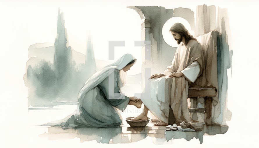 Anointed by Mary. Passion Wednesday. Watercolor Biblical Illustration