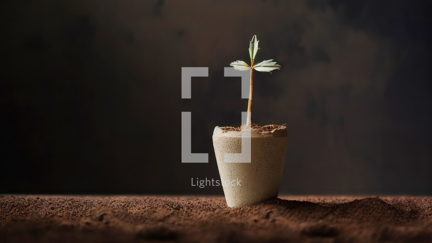 Young seedling cross shaped in a clay pot on a brown background, selective focus. Copy space