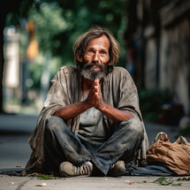 A desperate man sits on a city street, his face showing signs of distress and hopelessness