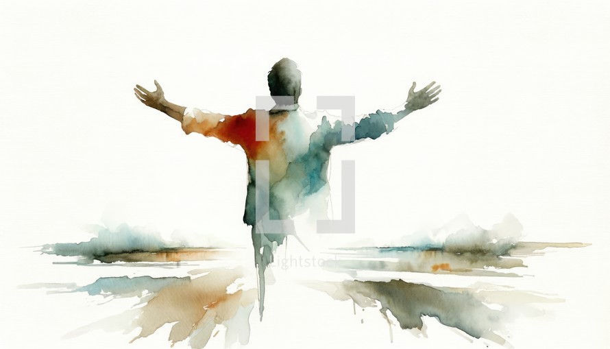 Man with arms outstretched in worship on white background. Watercolor painting