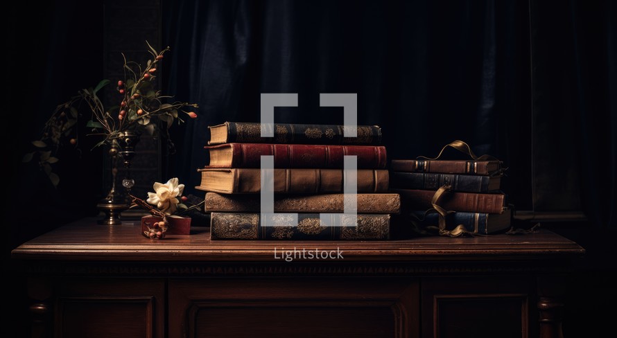 Pile of old books on a wooden table. Dark background.