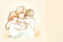  Mother and children hugging each other on a white background with copy space.