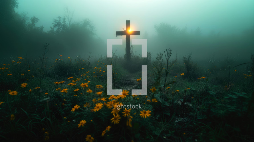  Cross with a light in the meadow with yellow flowers in a dark, foggy morning.