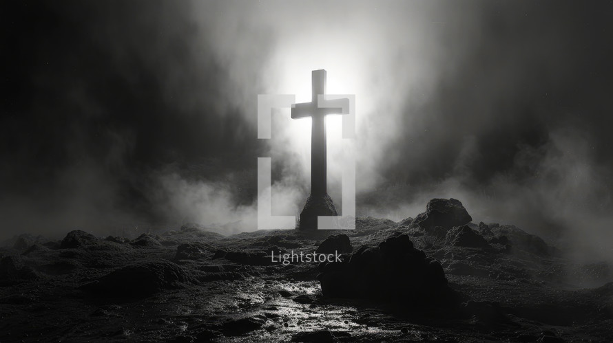 Cross in the dark with fog and light. 3d rendering. Black and white