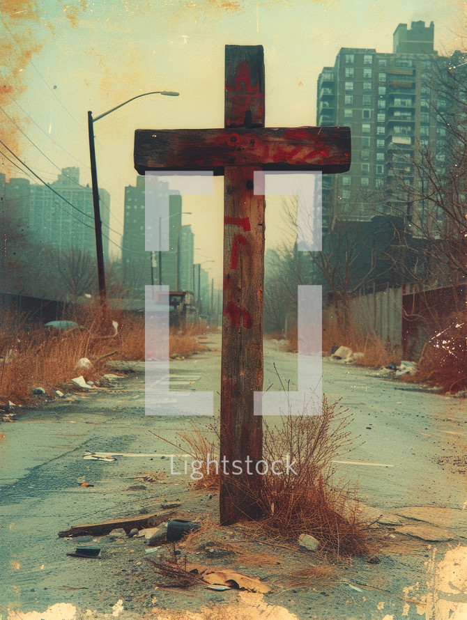 Old rusty cross on the street in the city. Photo in old color image style.