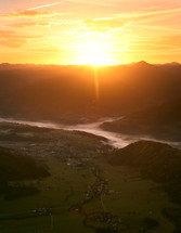 sunrise, mountains, river, outdoors, beauty, sun, glow, valley