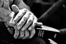 Elderly man's hands holding a Bible.