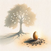 The mustard seed. Watercolor illustration of  a little seed and a big tree in the background