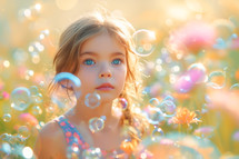 Cute little kid with soap bubbles in a field of flowers.