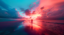 Silhouette of a woman on the beach staring at the dreamy colorful sky.