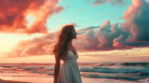Beautiful young woman in white dress on the beach at sunset.