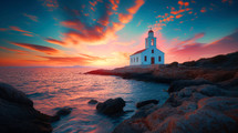 Beautiful seascape with church on the rock at sunset.