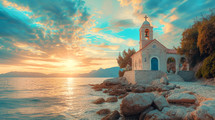  Beautiful seascape at sunset. Panoramic view of the Church.