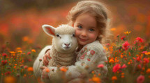 Adorable little girl with lamb in the field of flowers at sunset